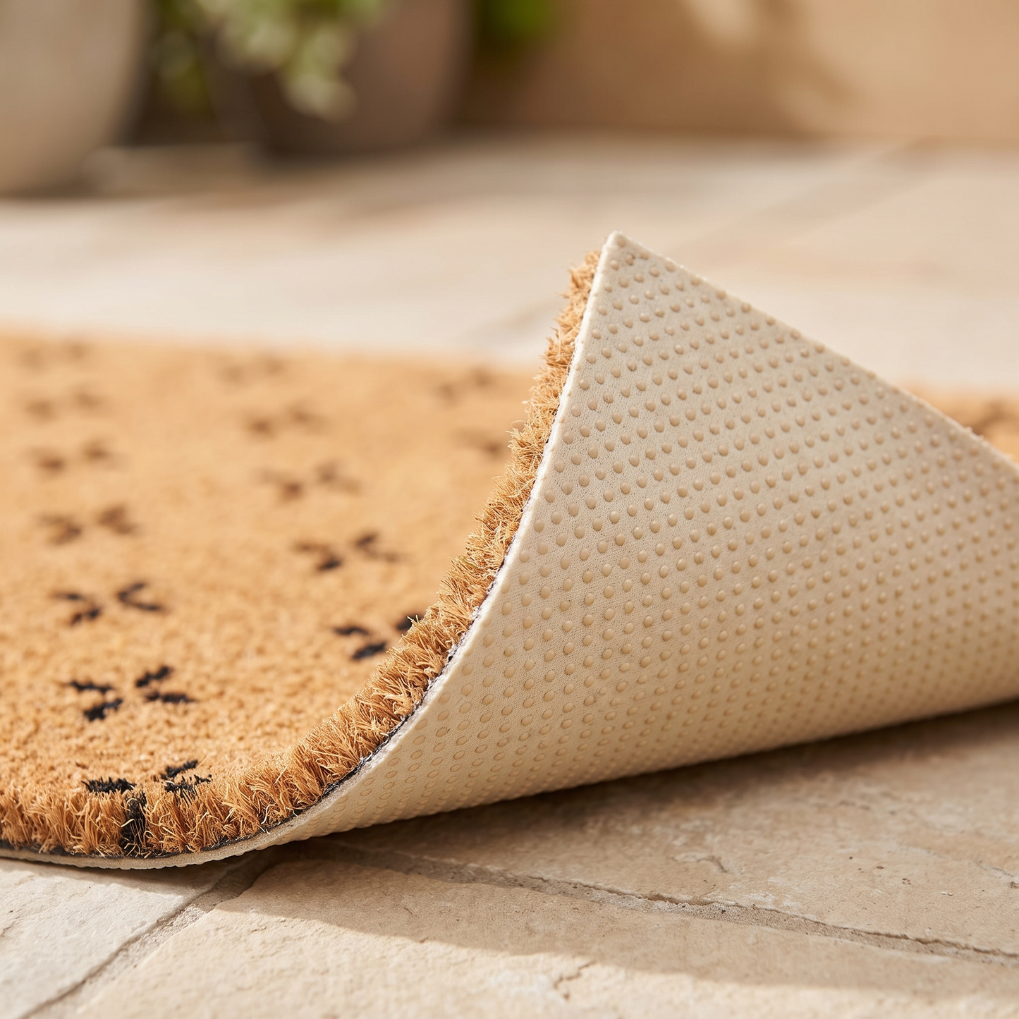 Corner of the doormat turned back to show the dotted non slip backing