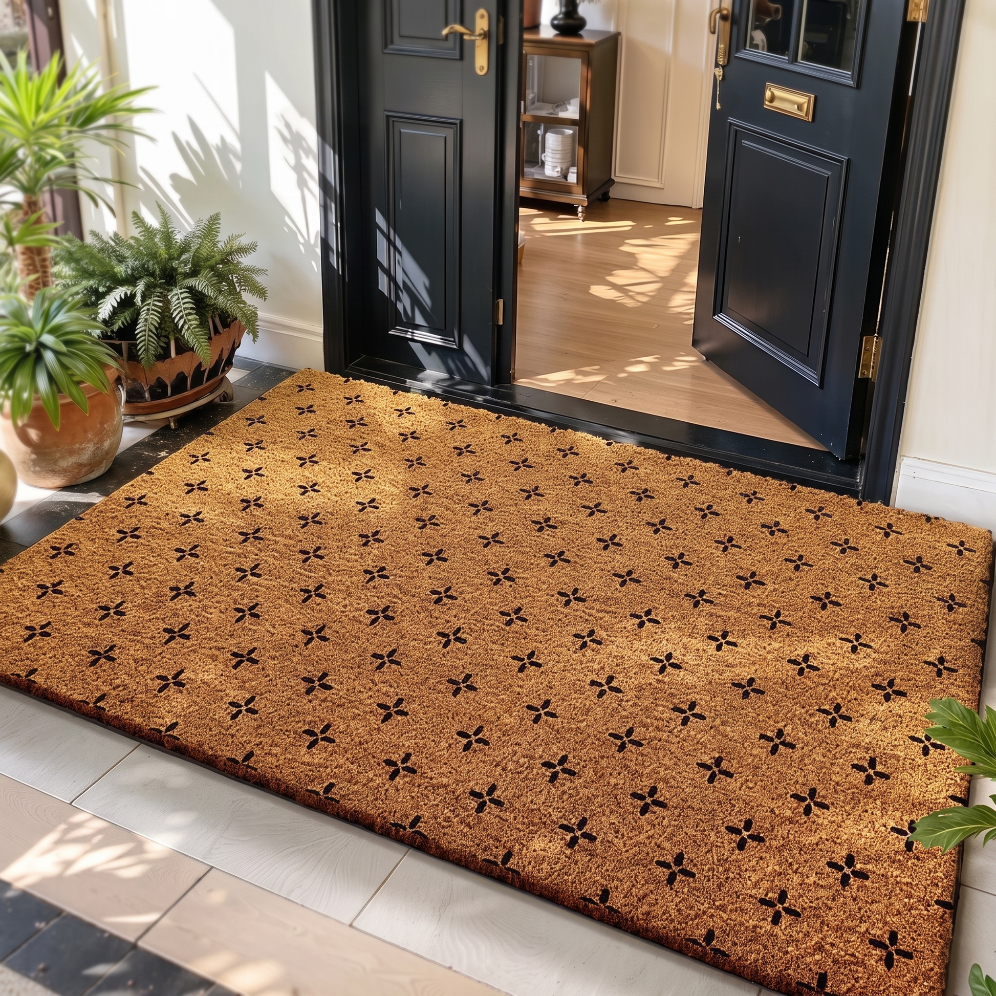 Coir look doormat with a small petal repeat print on a stone threshold at a dark front door