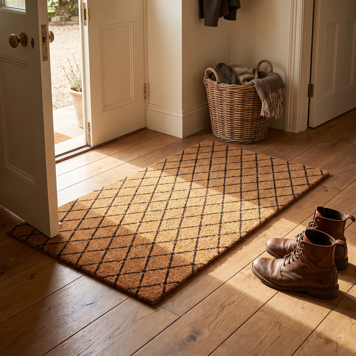 The diamond lattice doormat inside an entrance hall on oak floorboards