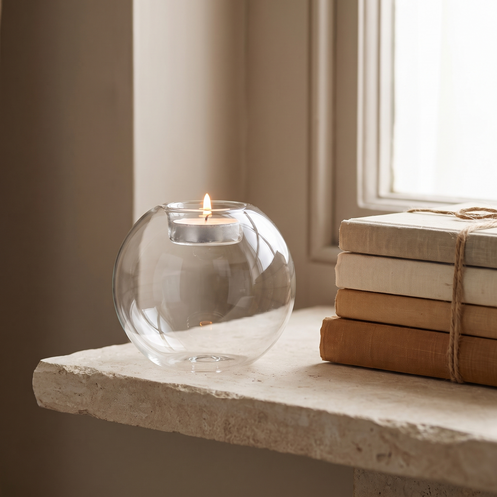 A single glass tealight holder lit on a stone shelf beside books
