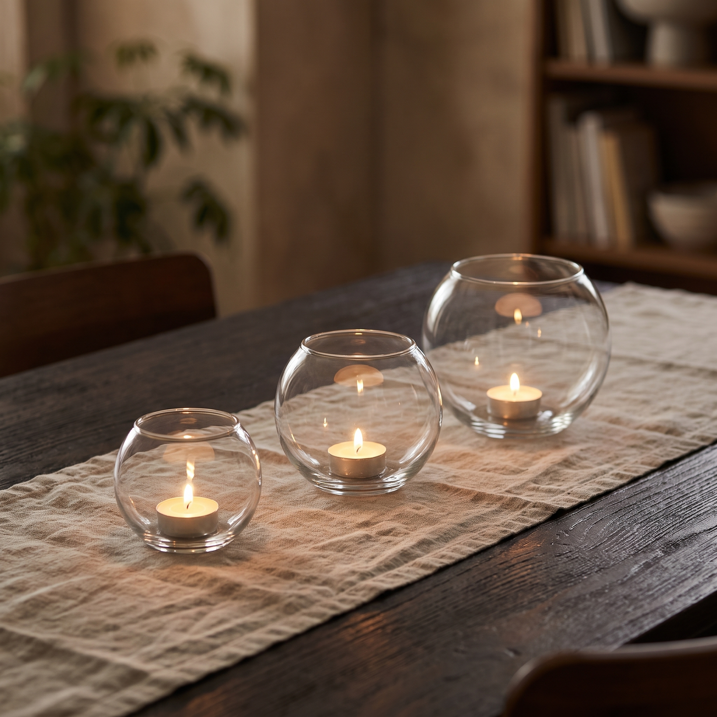 Three round glass tealight holders in graduated sizes lit along a dining table