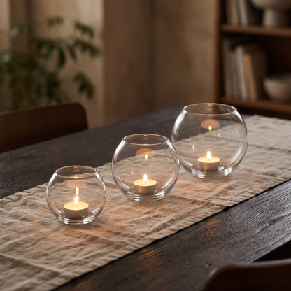 Three round glass tealight holders in graduated sizes lit along a dining table