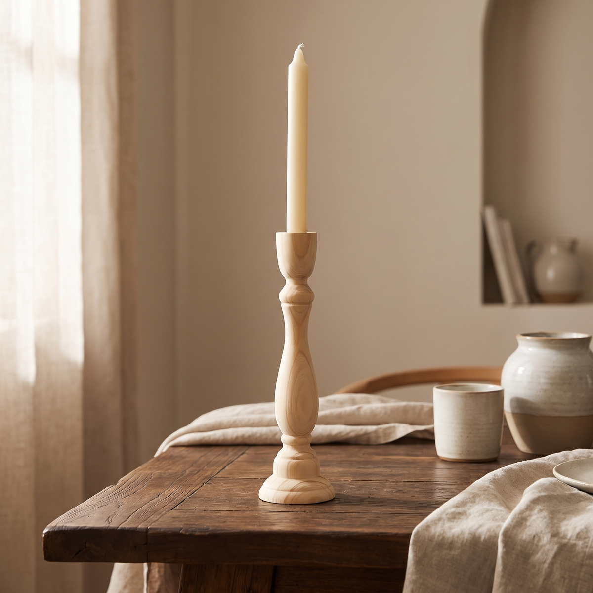 A tall turned candlestick with an unlit taper on a dark dining table
