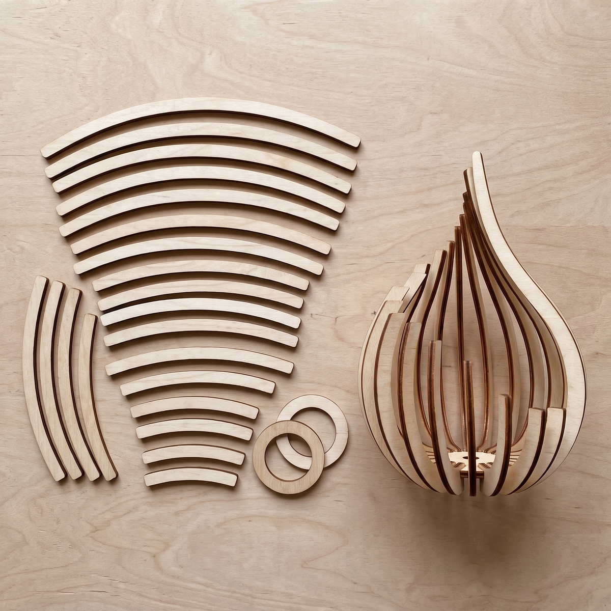 The flat lantern pieces laid out unassembled beside one finished lantern