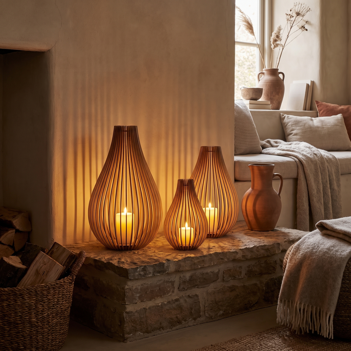 Three wooden slat lanterns lit on a hearth throwing striped shadows on the wall