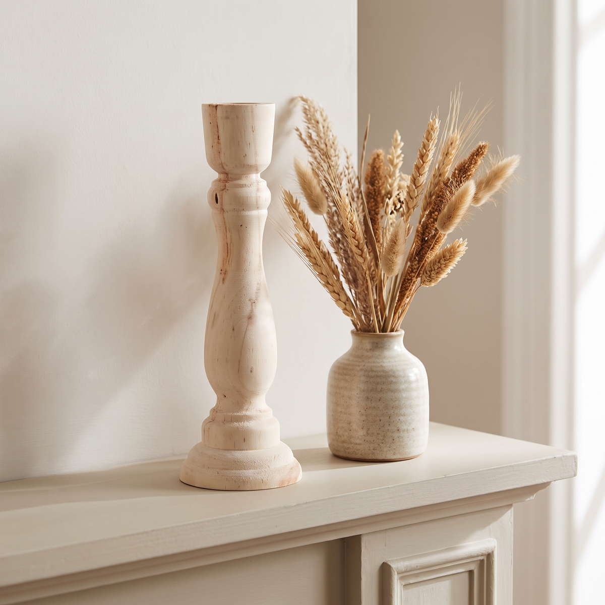 A tall unfinished candlestick on a mantelpiece beside a vase of dried grasses