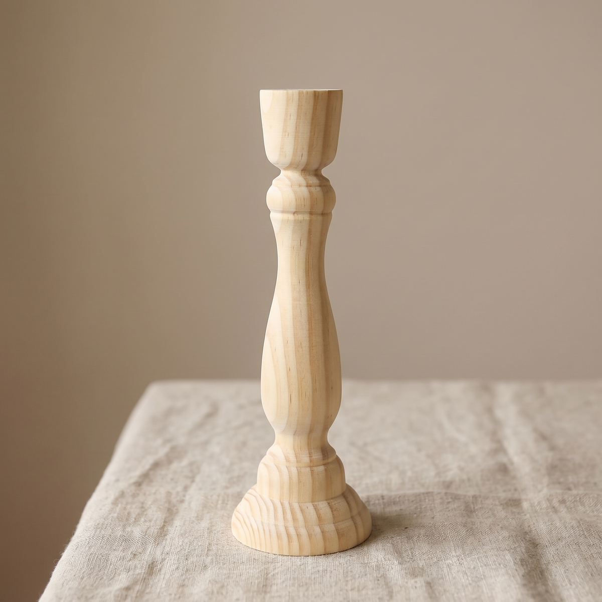 Close view of the turned profile and wood grain of the candlestick