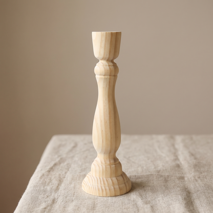 Close view of the turned profile and wood grain of the candlestick