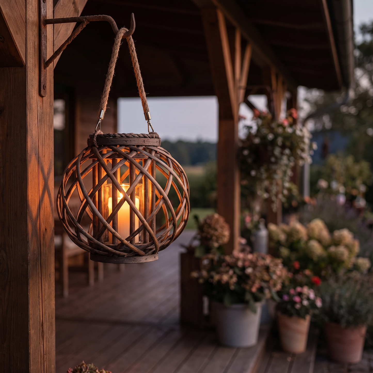 A wicker lantern hanging from a hook on a covered porch at dusk