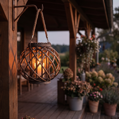 A wicker lantern hanging from a hook on a covered porch at dusk