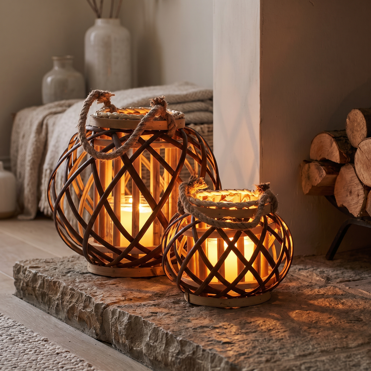 A large and a small woven wicker lantern lit on a stone hearth