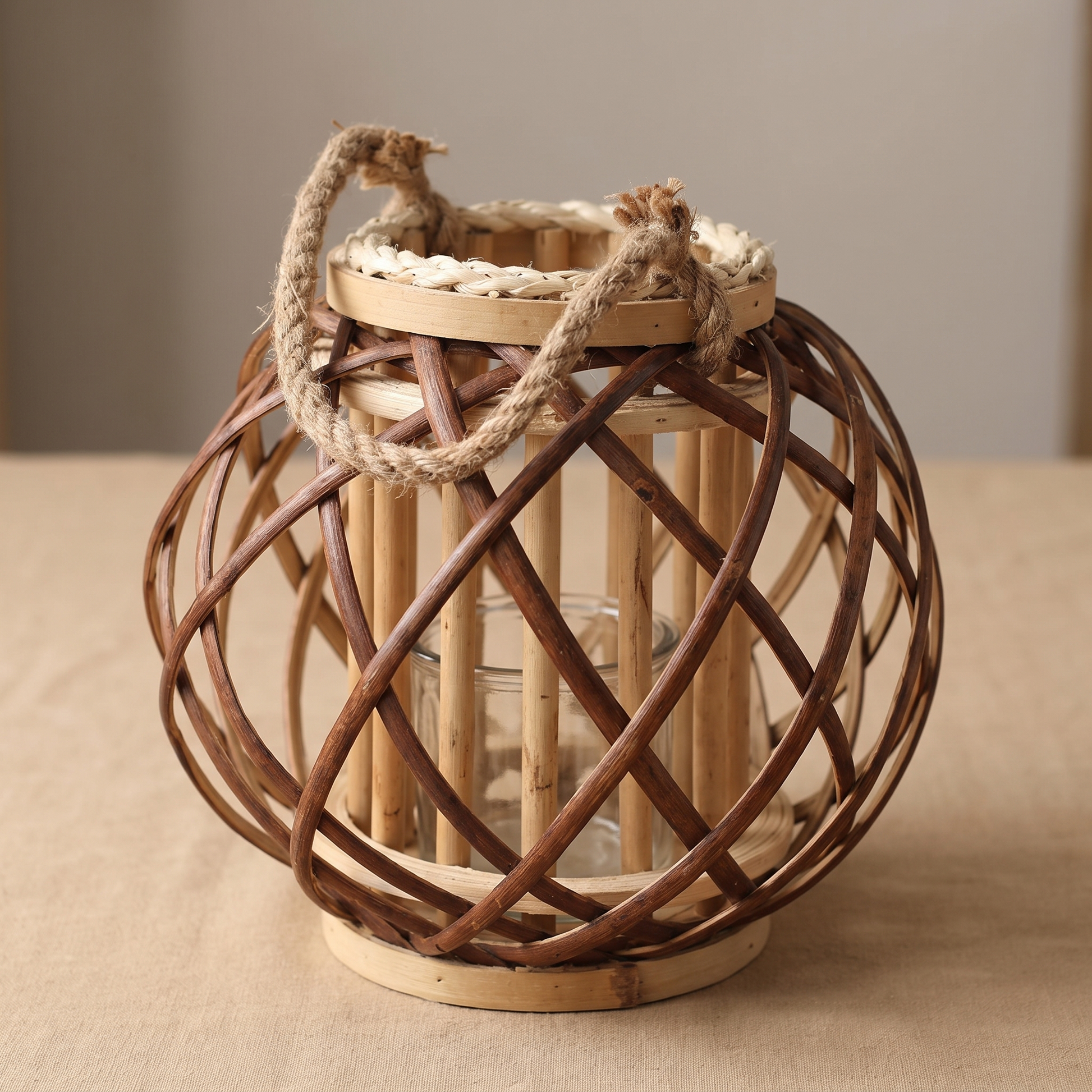 The wicker lantern unlit showing the weave, wooden base and rope handle