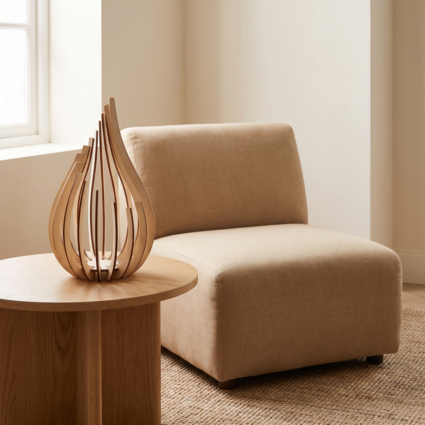 A single wooden slat lantern unlit on a side table in daylight