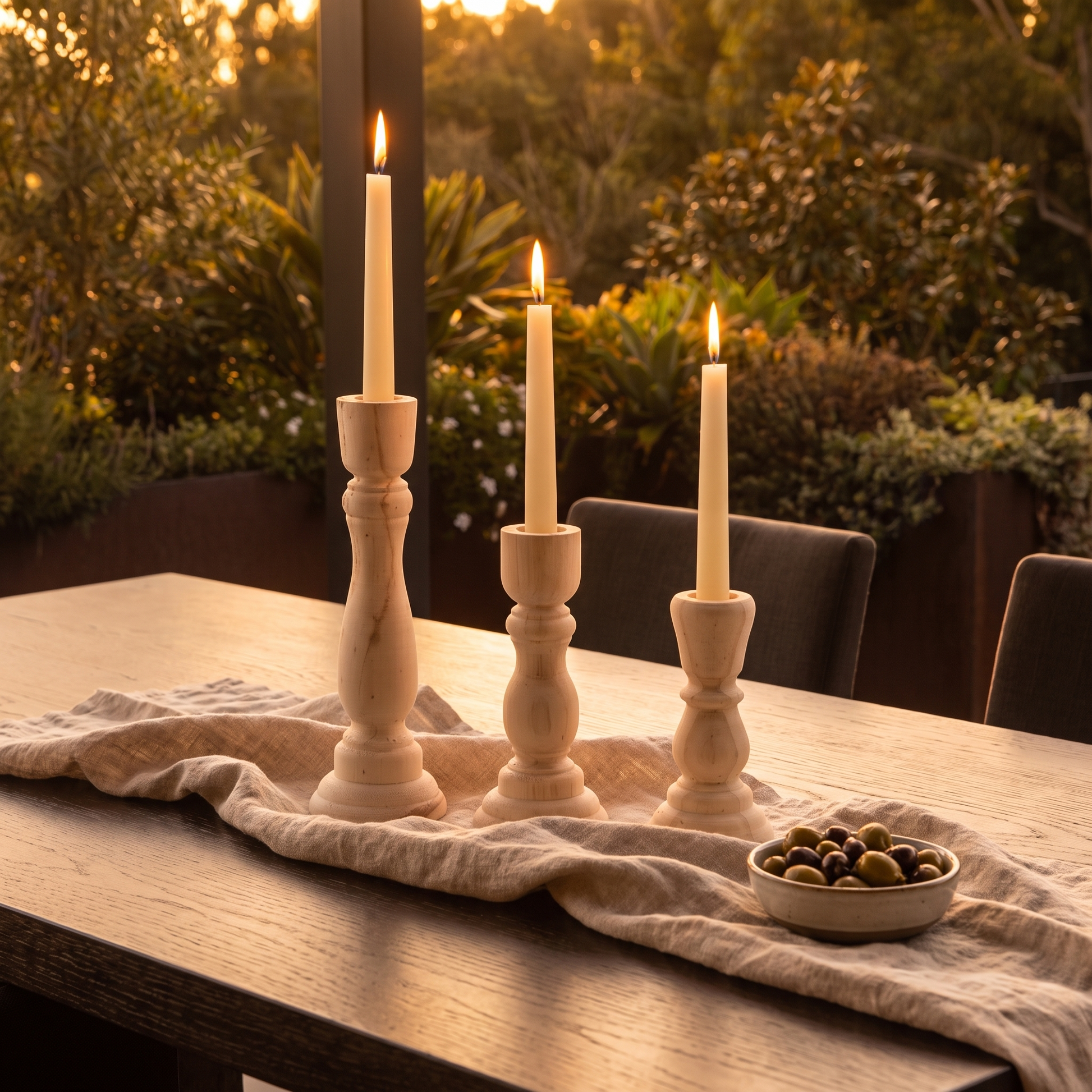 Three unfinished turned candlesticks in descending heights on a dining table with lit taper candles