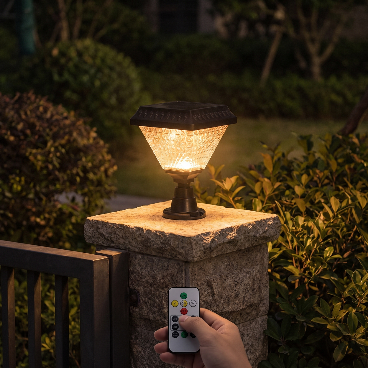The solar post lantern lit on a stone gate pillar at night