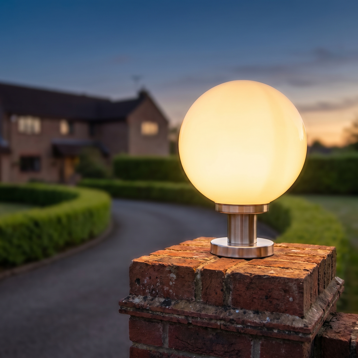 Frosted globe light glowing on a brick gate pillar at dusk