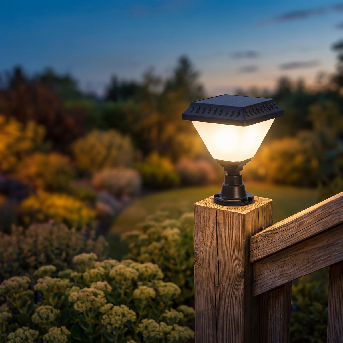 Solar post lantern glowing warm on a timber deck post at dusk
