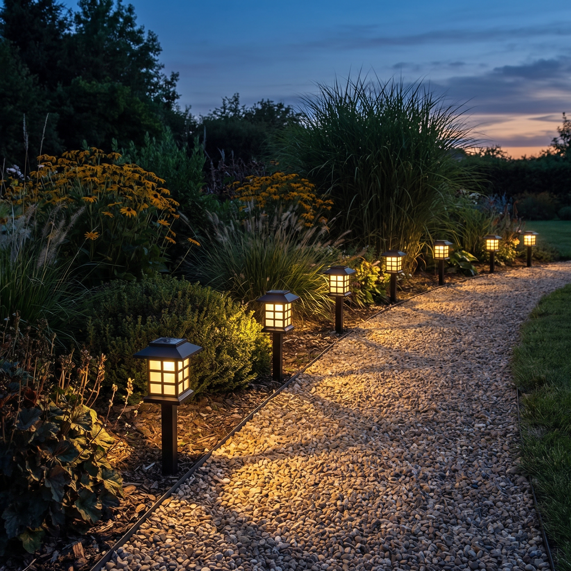 A run of pagoda stake lights marking the curve of a gravel path