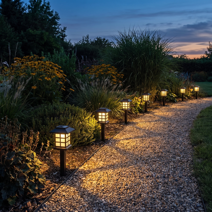A run of pagoda stake lights marking the curve of a gravel path