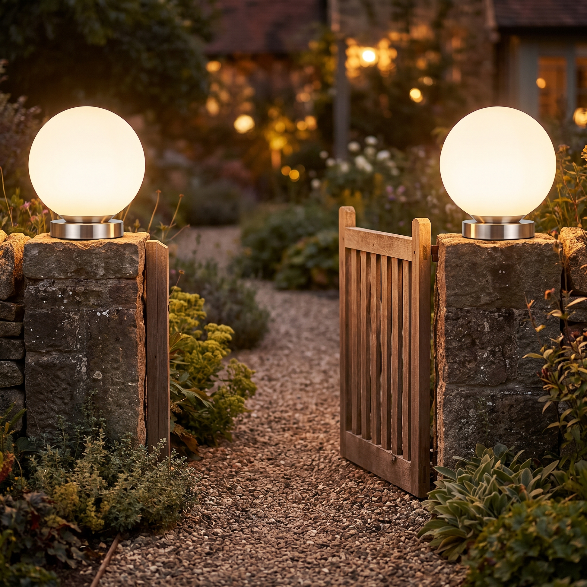 A pair of globe pillar lights either side of a garden gate at twilight