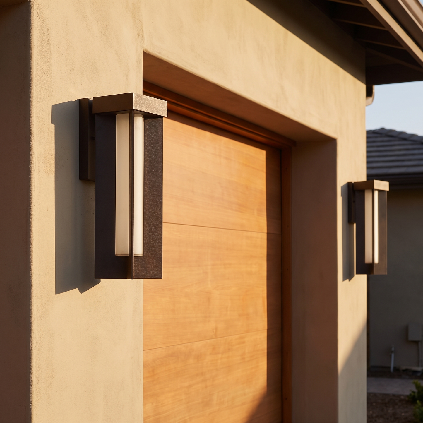 Two framed wall lanterns either side of a garage door in daylight
