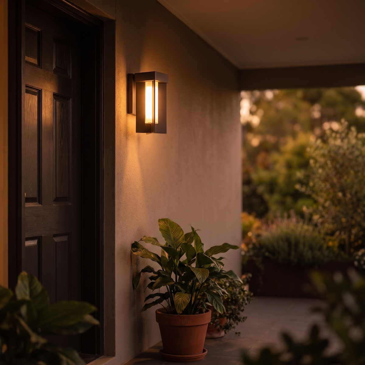 Framed wall lantern glowing beside a panelled front door at dusk