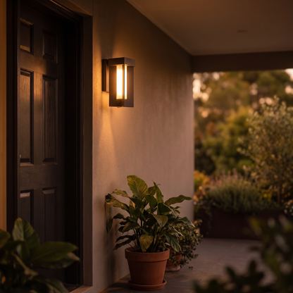 Framed wall lantern glowing beside a panelled front door at dusk