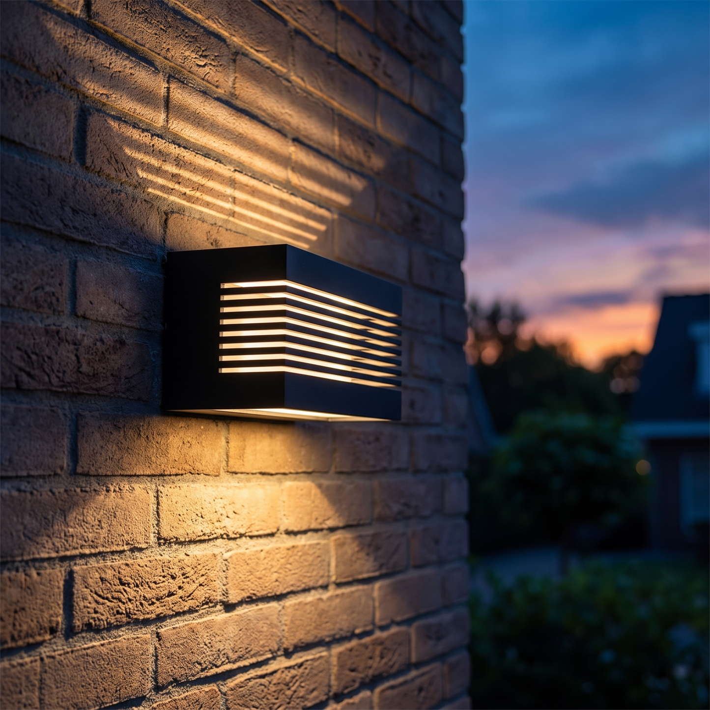 Slatted wall light throwing a striped beam up a brick wall at dusk