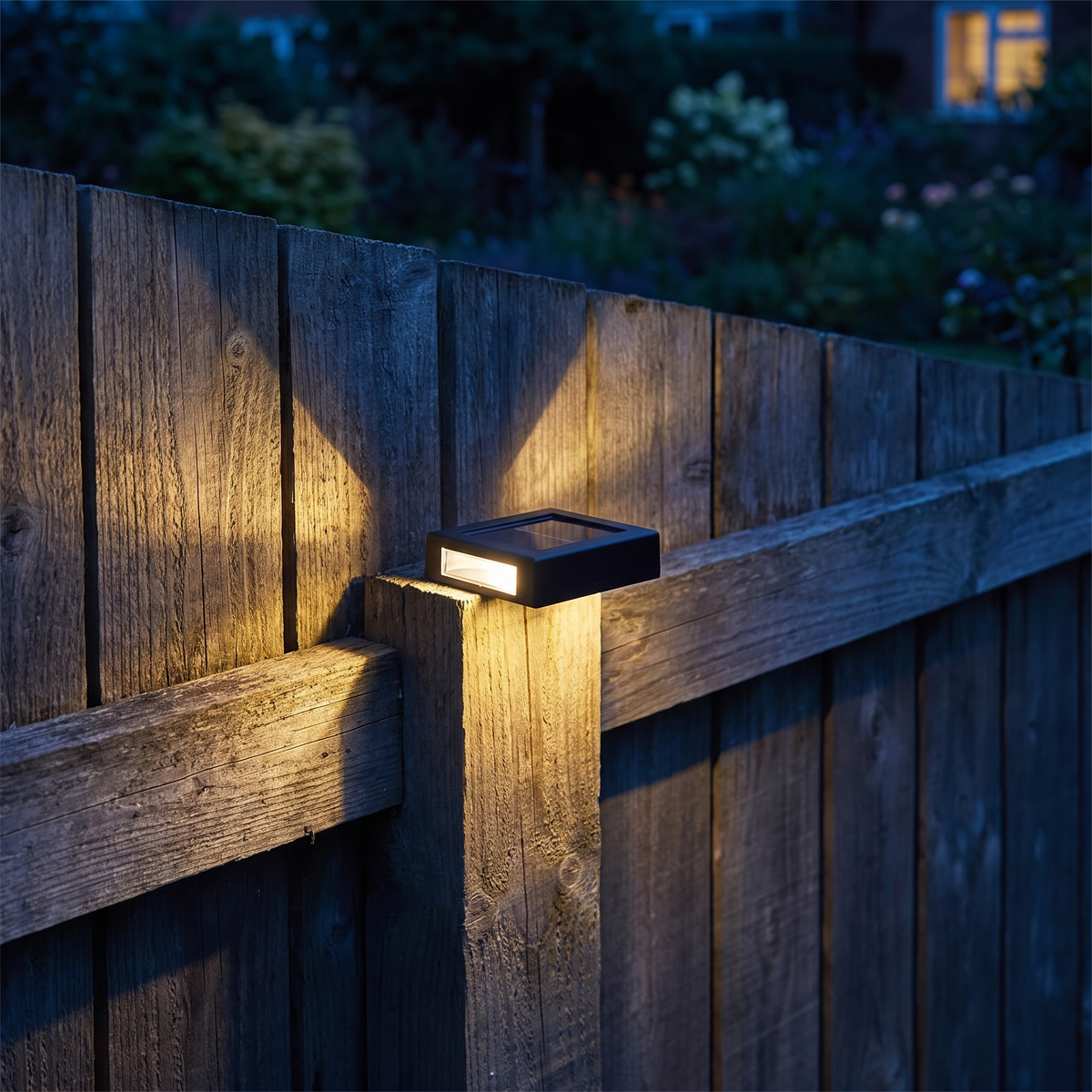 Flat solar light throwing warm fans of light up and down a fence post