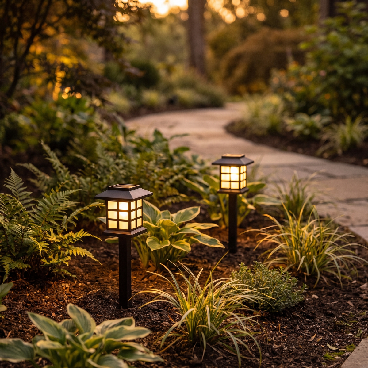 Two pagoda topped solar stake lights glowing along a garden path at dusk
