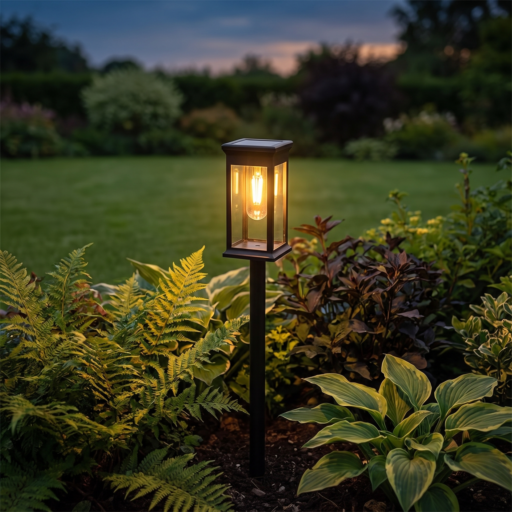 A single solar path lantern lit in a planted border at twilight