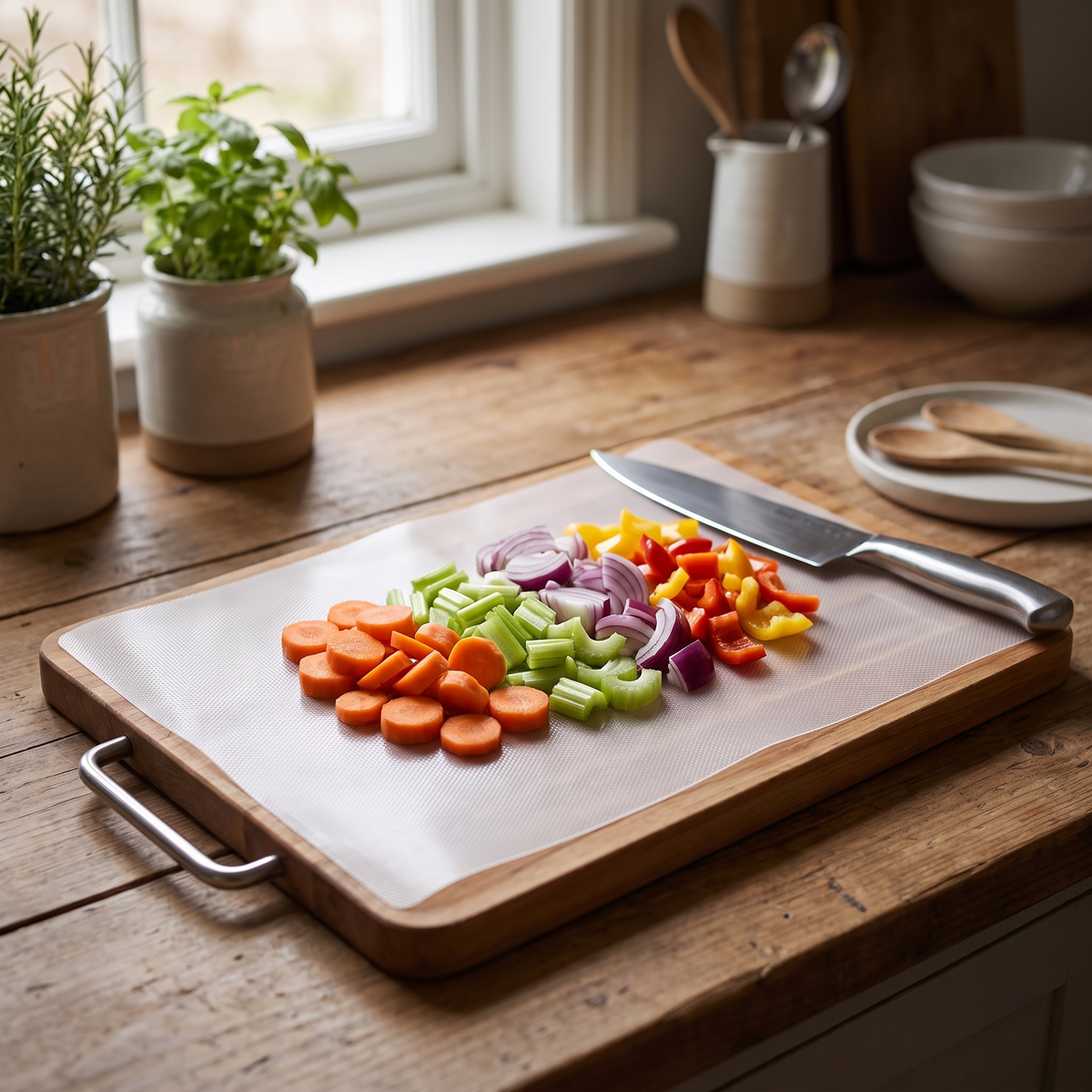 Flexible cutting sheet over a wooden board with chopped vegetables