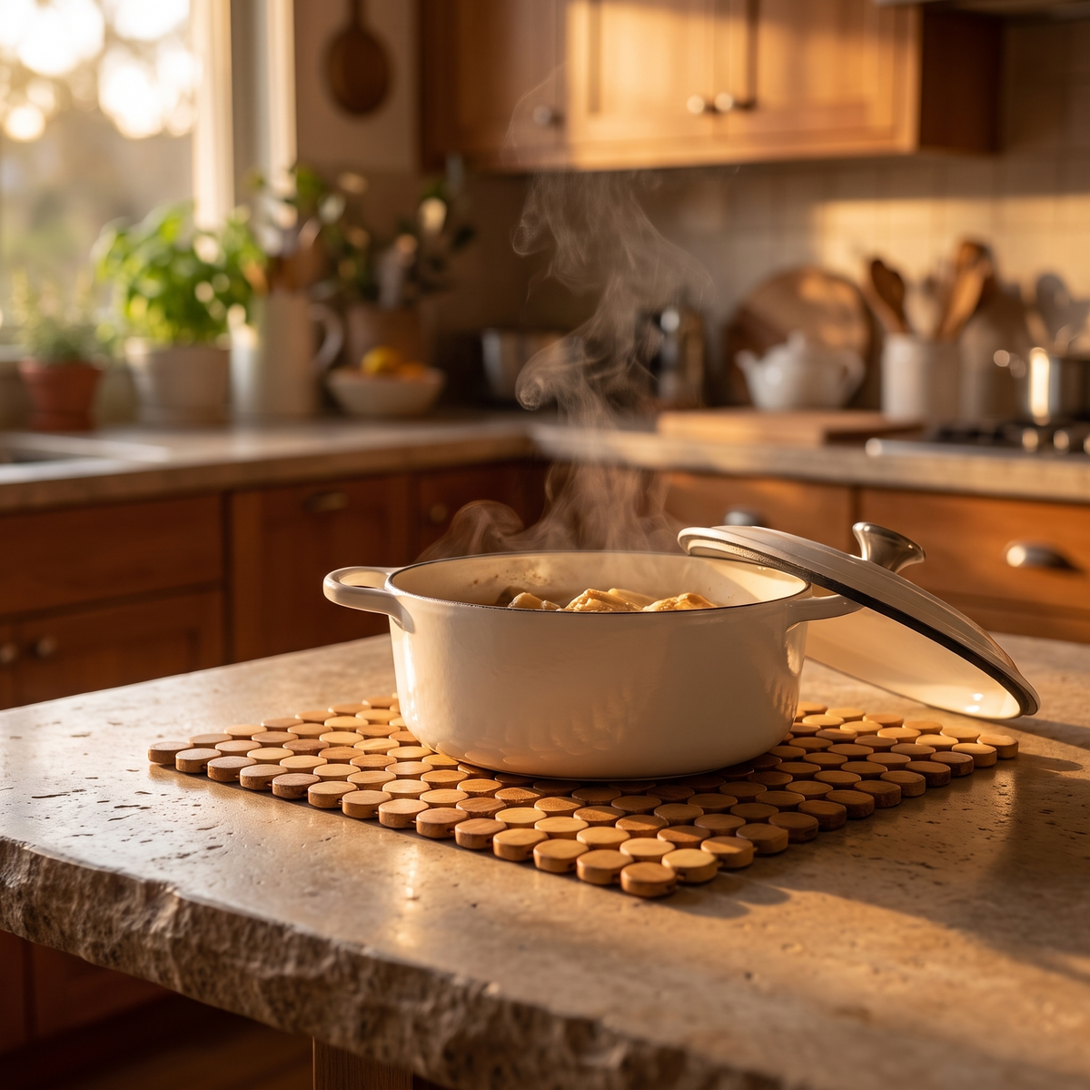 Bamboo disc trivet under a casserole on a dining table