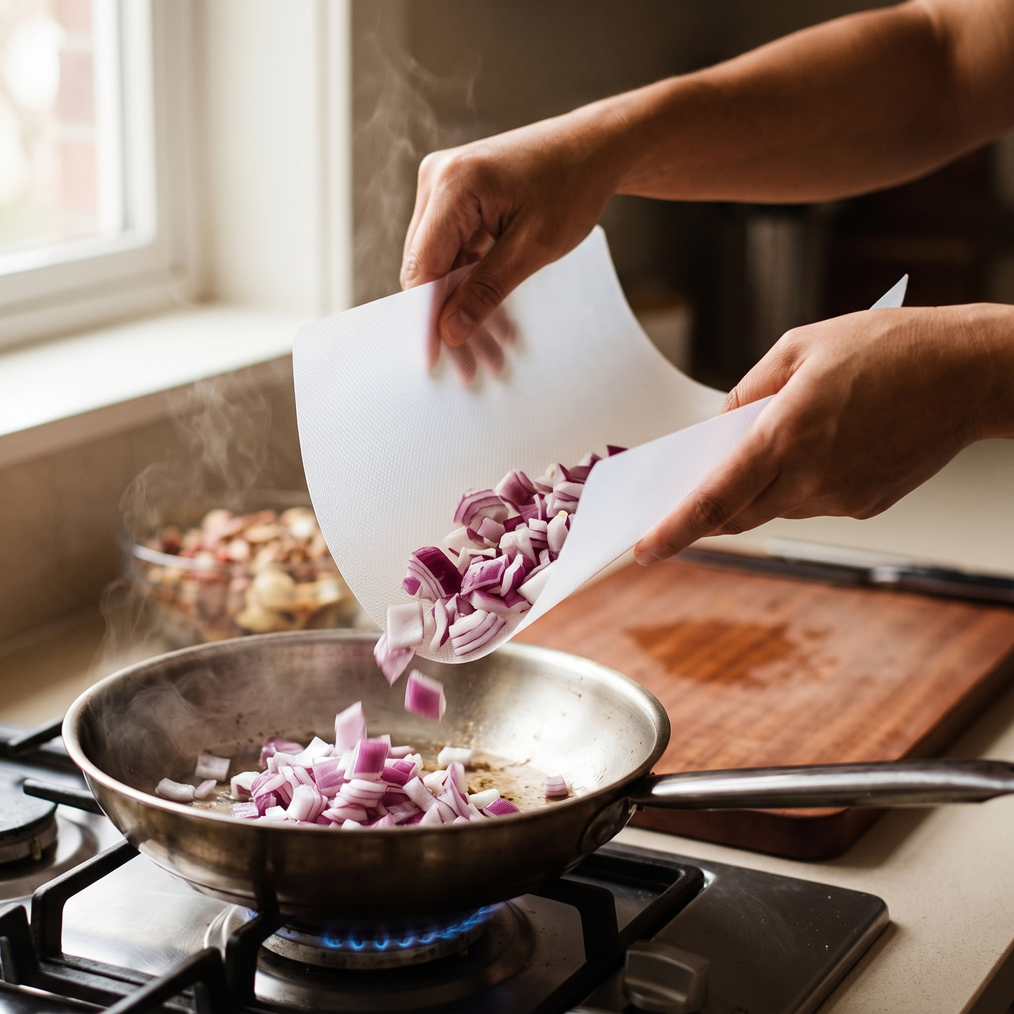 Hands bending the cutting sheet to tip food into a pan