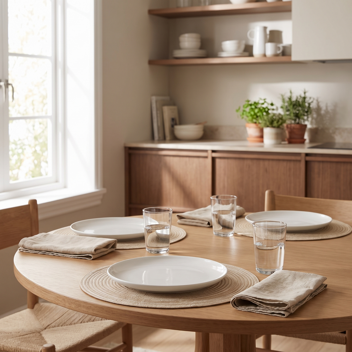 Round braided placemats on a laid dining table in daylight