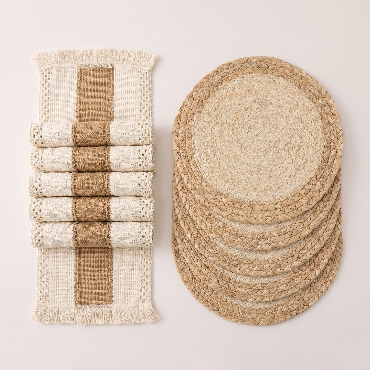 Stacks of the fringed cotton mats and woven jute rounds