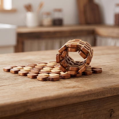 Two bamboo trivets, one flat and one rolled to show it bends