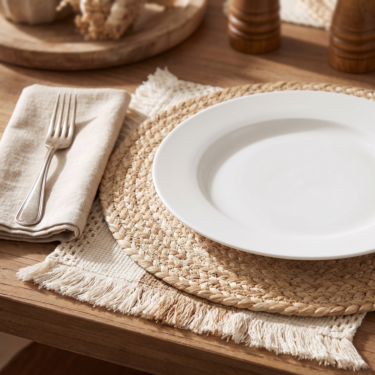 One place setting showing the jute round laid over the fringed mat
