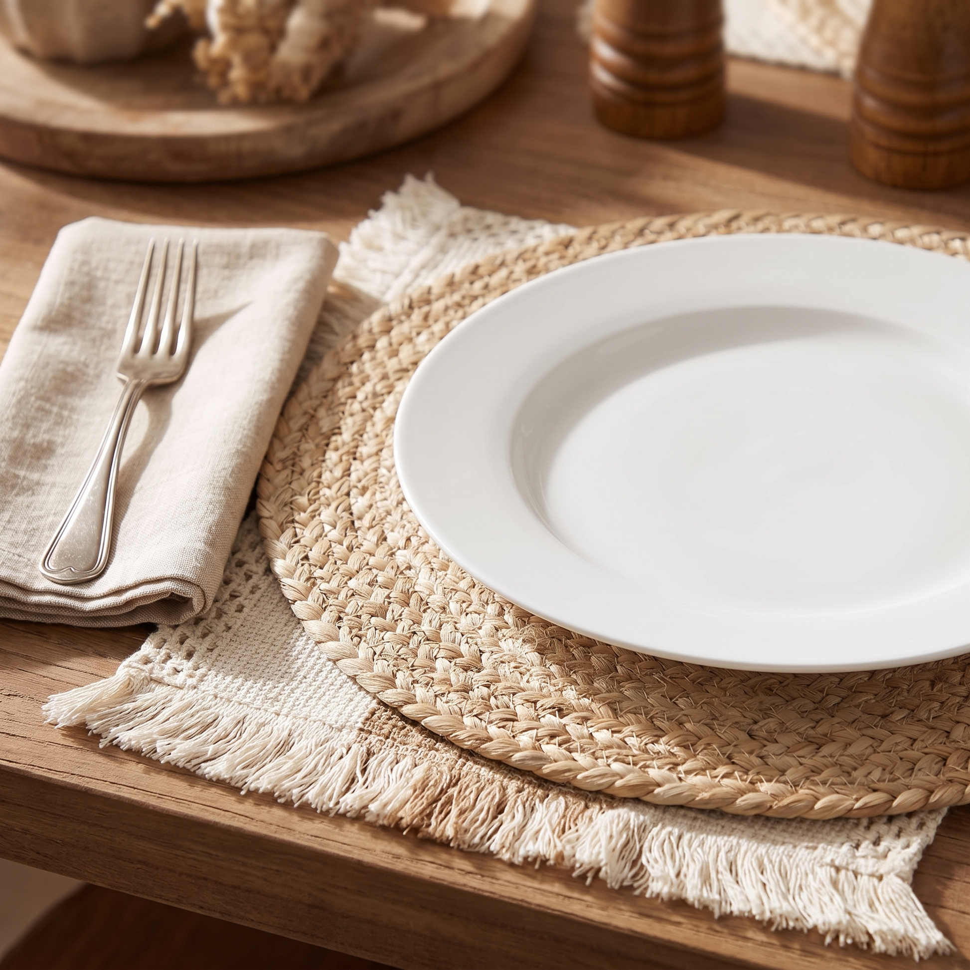 One place setting showing the jute round laid over the fringed mat