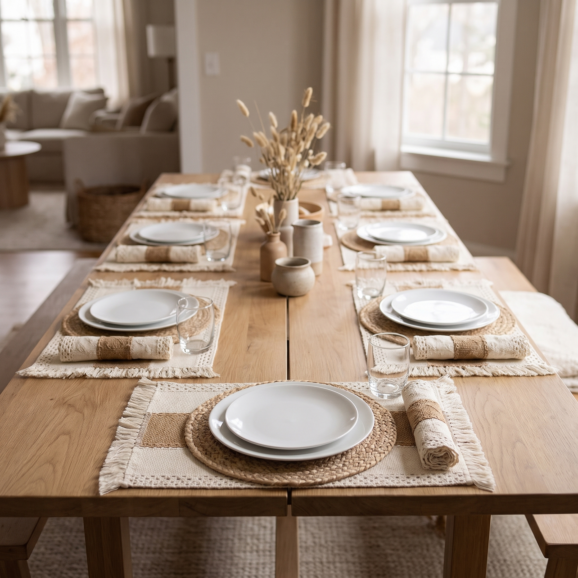 A long table laid for six with fringed cotton mats and jute rounds