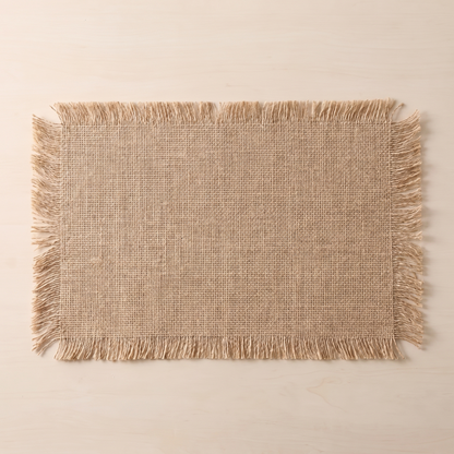 Overhead view of a single fringed jute placemat