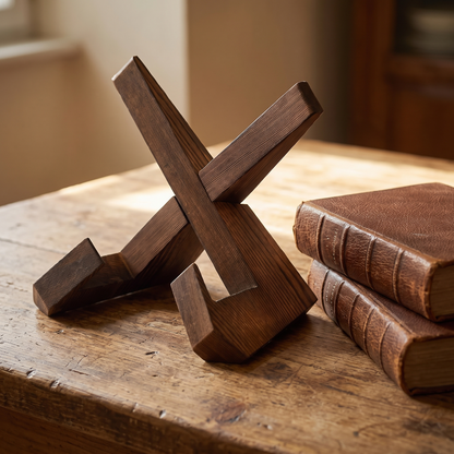 The cookbook stand standing empty beside a stack of books
