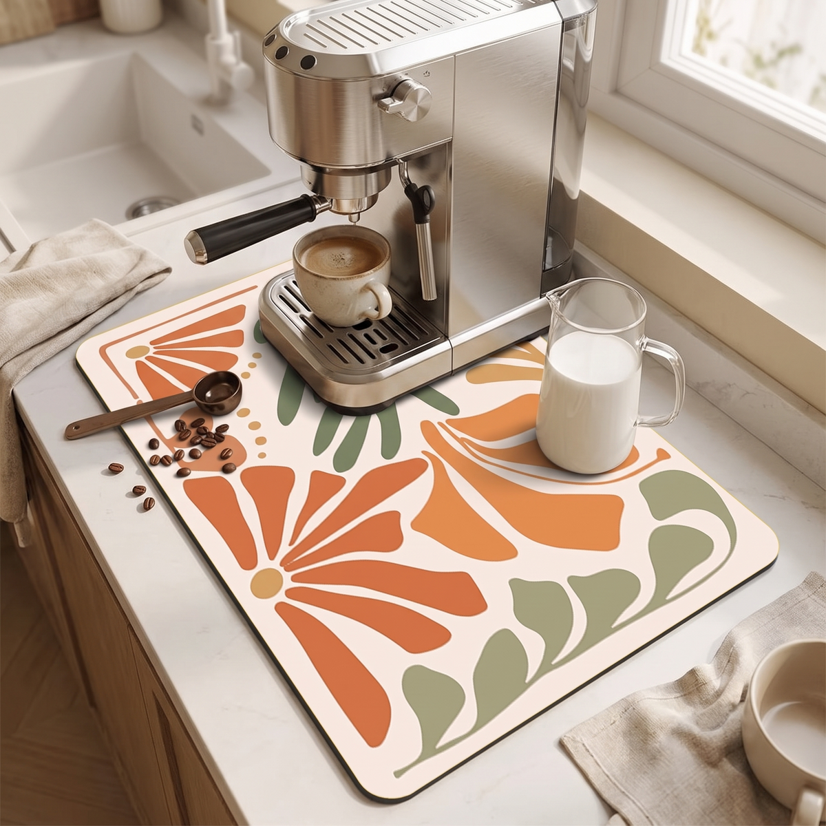 The drying mat under a coffee machine on a worktop