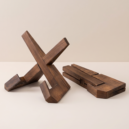 The stand shown open and folded flat side by side