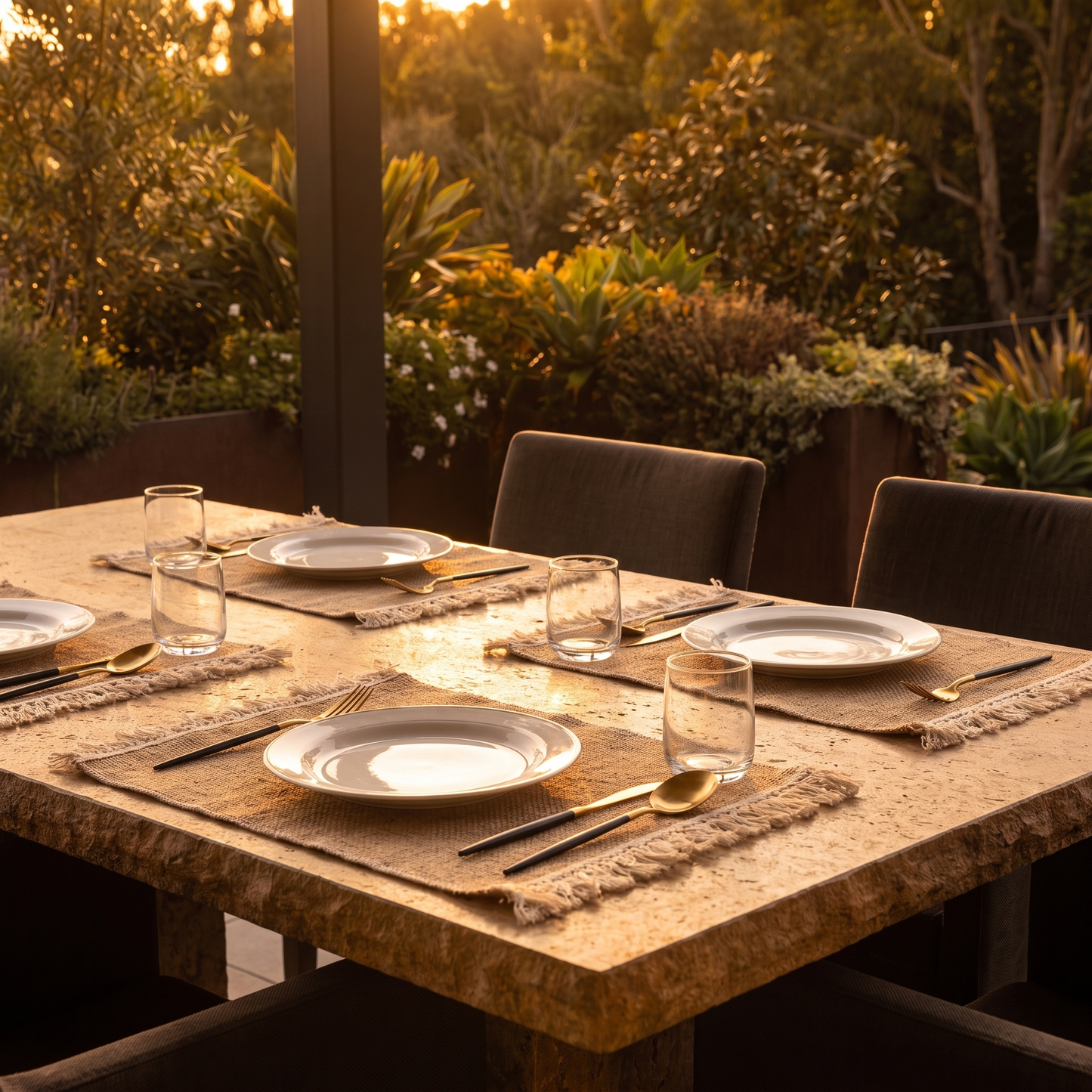 Fringed jute placemats on a laid wooden dining table