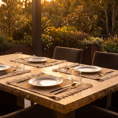 Fringed jute placemats on a laid wooden dining table