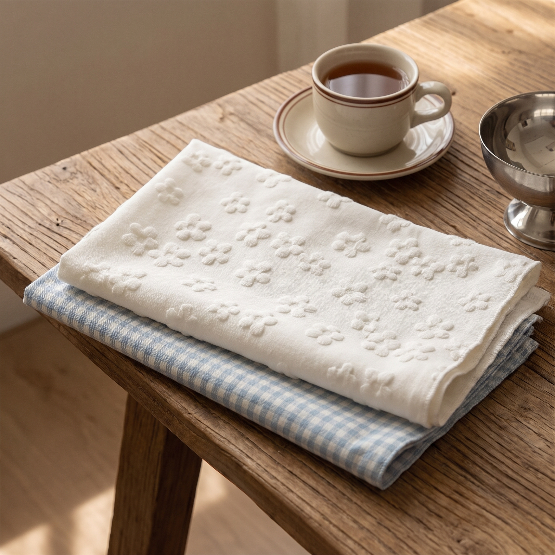 Two embroidered placemats stacked on a wooden table