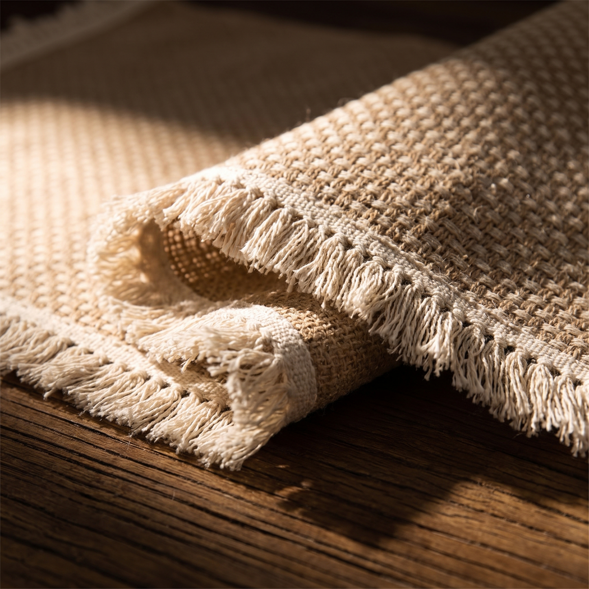 The corner of a jute placemat turned back to show the weave and fringe