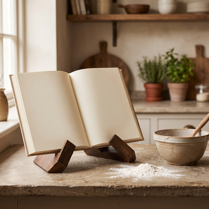 Wooden cookbook stand holding an open book on a kitchen worktop