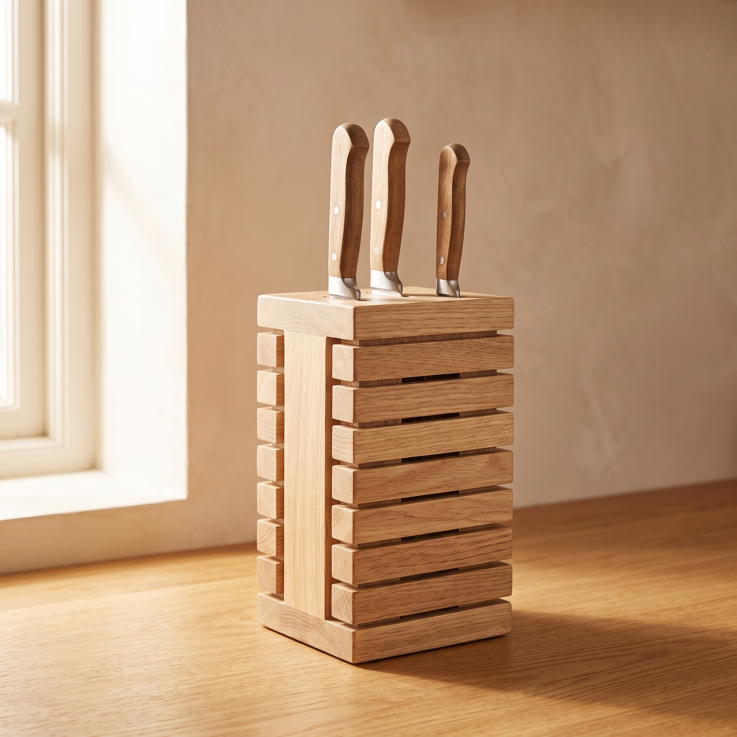 Wood knife block holding kitchen knives beside a window